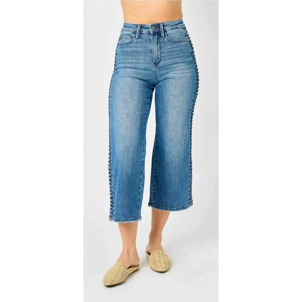 Judy Blue Medium Wash Cropped Jeans with Side Lace-Up Detail